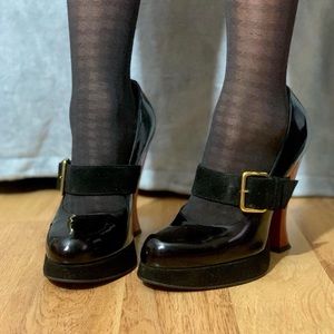 Marni Black Buckle Patent Leather and Suede Round Toe Pumps, Red Heels Size 41